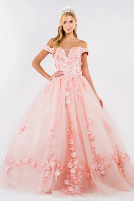 Embroidery Embellished Glitter-Mesh Cut-Away Shoulder Quinceanera Dress by Tux-USA