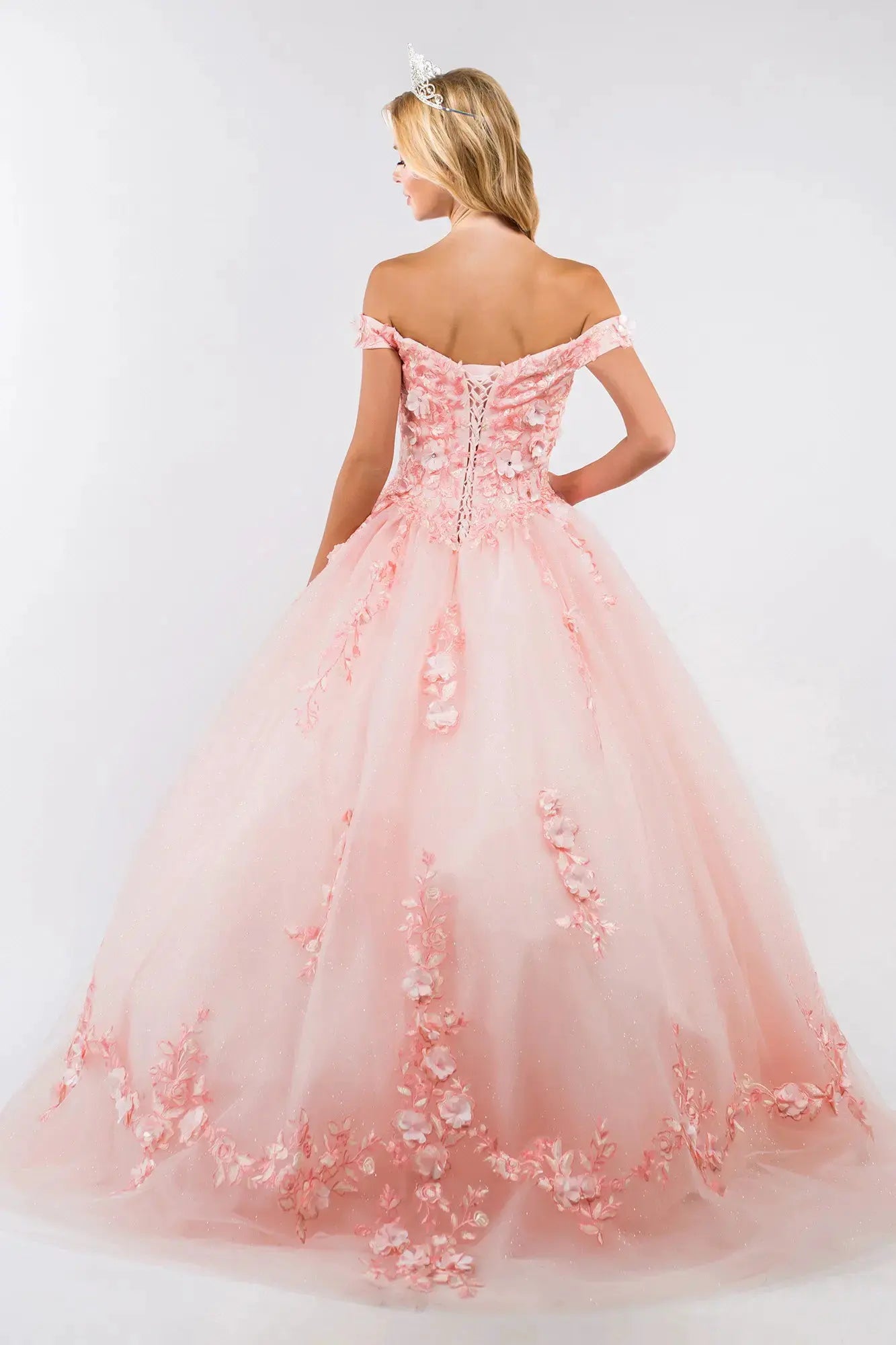 Embroidery Embellished Glitter-Mesh Cut-Away Shoulder Quinceanera Dress by Tux-USA