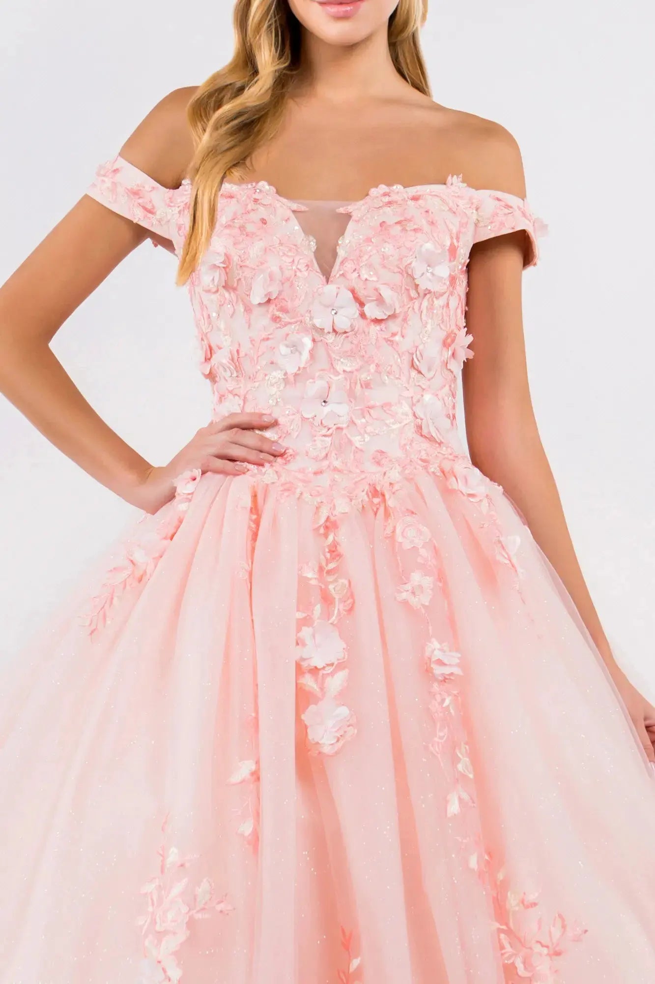 Embroidery Embellished Glitter-Mesh Cut-Away Shoulder Quinceanera Dress by Tux-USA