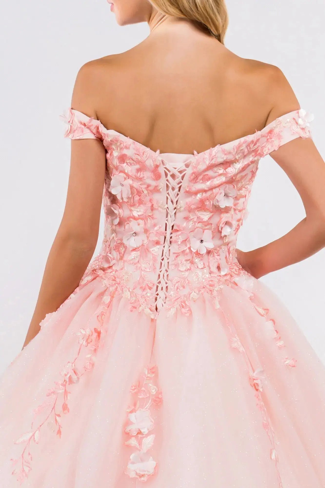 Embroidery Embellished Glitter-Mesh Cut-Away Shoulder Quinceanera Dress by Tux-USA