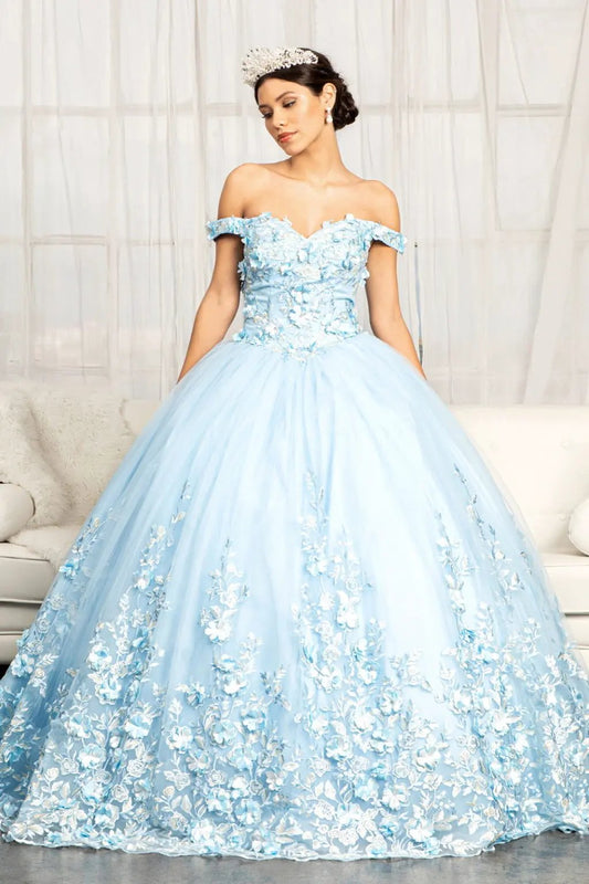 Cut-Away Shoulder 3D Floral Applique Embellished Quinceanera Dress by Tux-USA