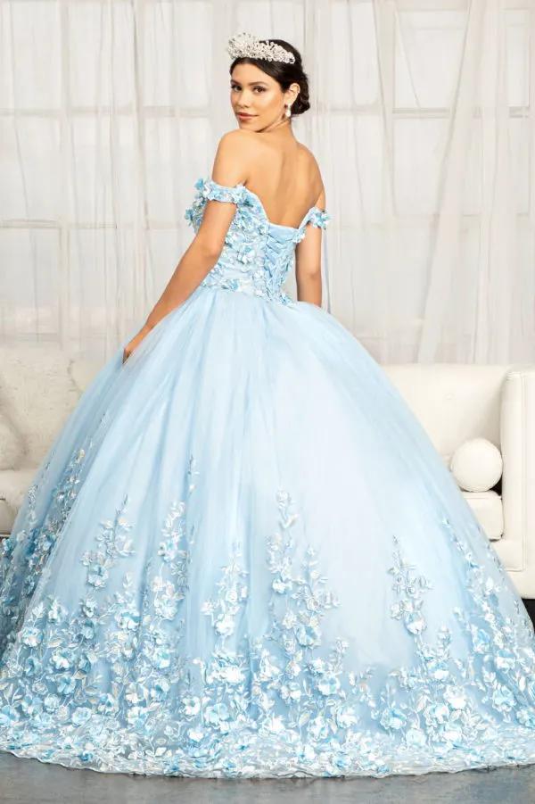 Cut-Away Shoulder 3D Floral Applique Embellished Quinceanera Dress by Tux-USA