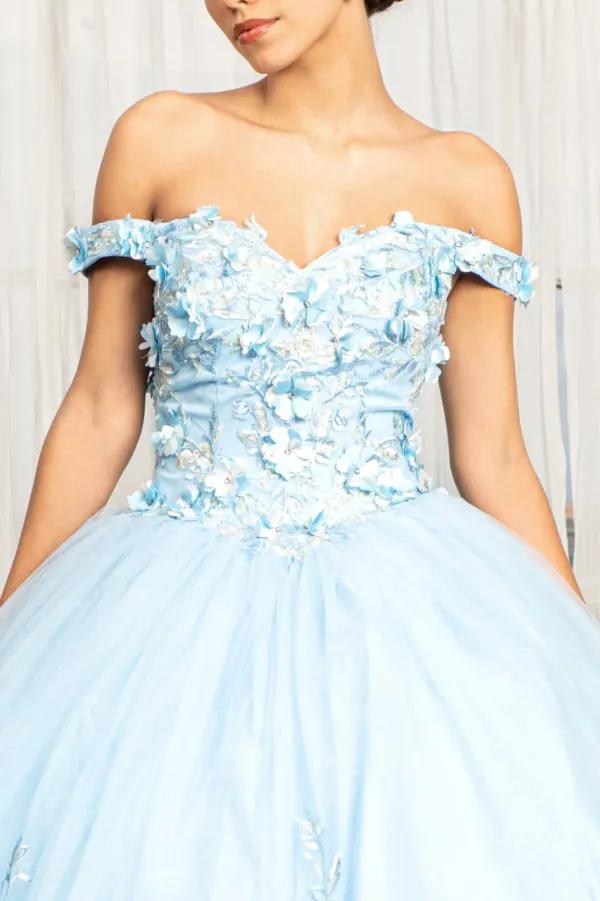 Cut-Away Shoulder 3D Floral Applique Embellished Quinceanera Dress by Tux-USA