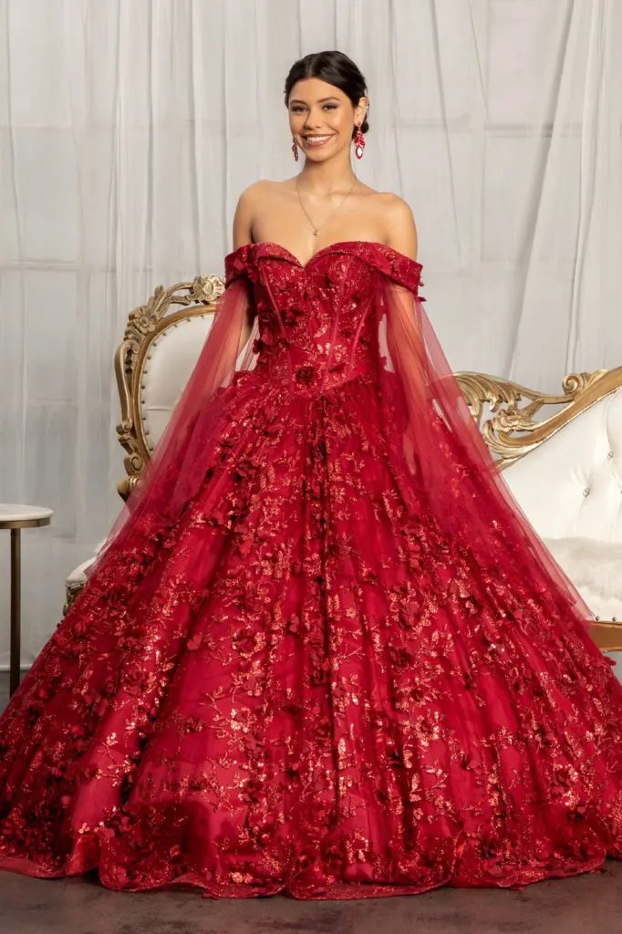 Cut-Away Shoulder Sweetheart Glitter Mesh Quinceanera Dress by Tux-USA