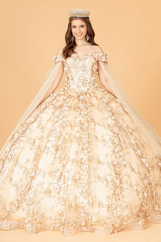 Cut-Away Shoulder Sweetheart Glitter Mesh Quinceanera Dress by Tux-USA