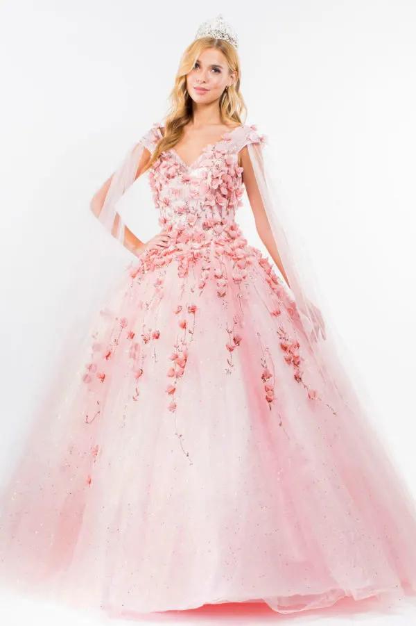3D Floral Applique Glitter Mesh Quinceanera Dress w/ Detachable Cape Sleeve by Tux-USA