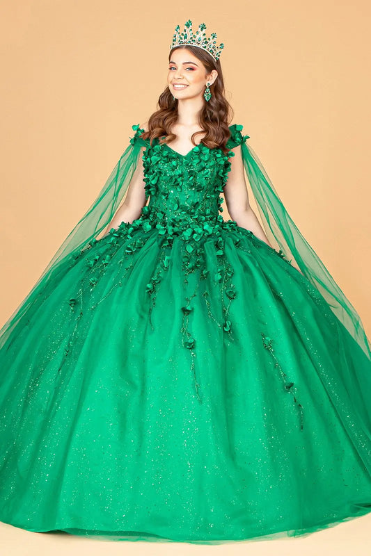 3D Floral Applique Glitter Mesh Quinceanera Dress w/ Detachable Cape Sleeve by Tux-USA