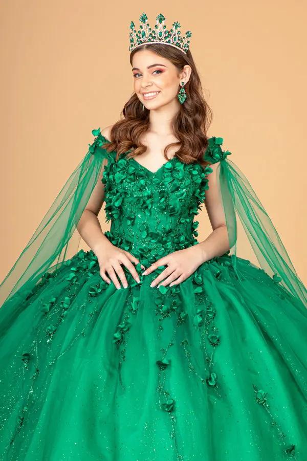 3D Floral Applique Glitter Mesh Quinceanera Dress w/ Detachable Cape Sleeve by Tux-USA