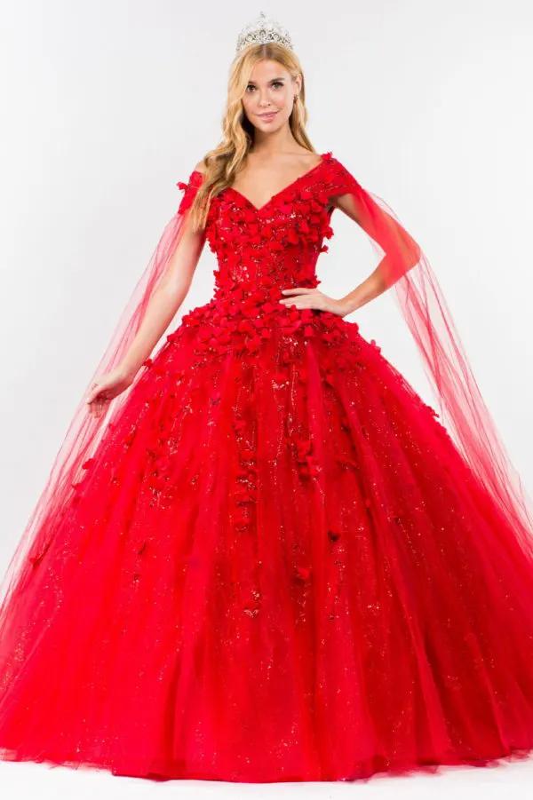 3D Floral Applique Glitter Mesh Quinceanera Dress w/ Detachable Cape Sleeve by Tux-USA