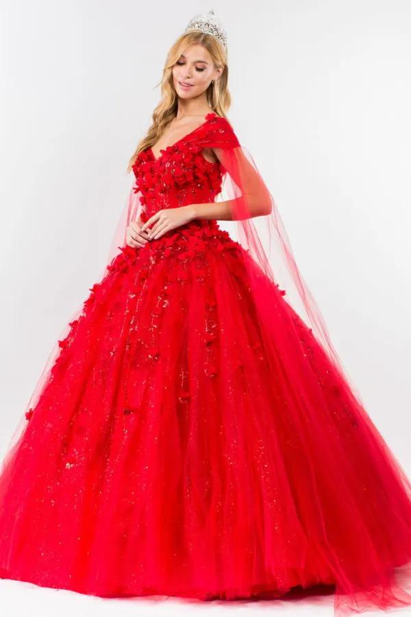3D Floral Applique Glitter Mesh Quinceanera Dress w/ Detachable Cape Sleeve by Tux-USA