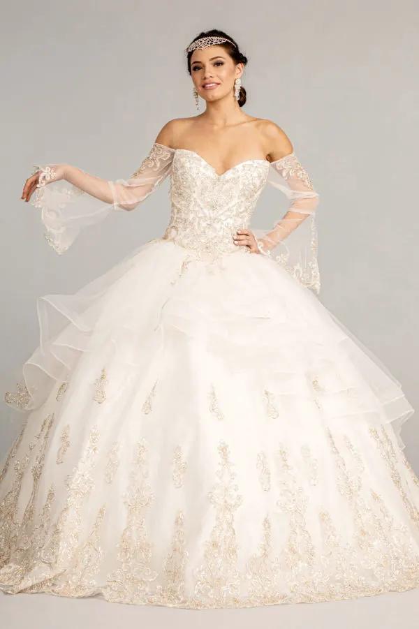 Sweetheart Cut-Away Shoulder Quinceanera Dress w/ Mesh Long Sleeves by Tux-USA