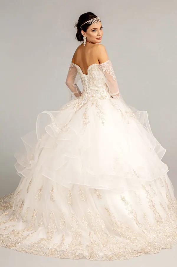 Sweetheart Cut-Away Shoulder Quinceanera Dress w/ Mesh Long Sleeves by Tux-USA