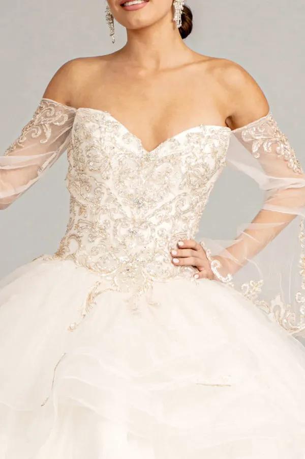 Sweetheart Cut-Away Shoulder Quinceanera Dress w/ Mesh Long Sleeves by Tux-USA