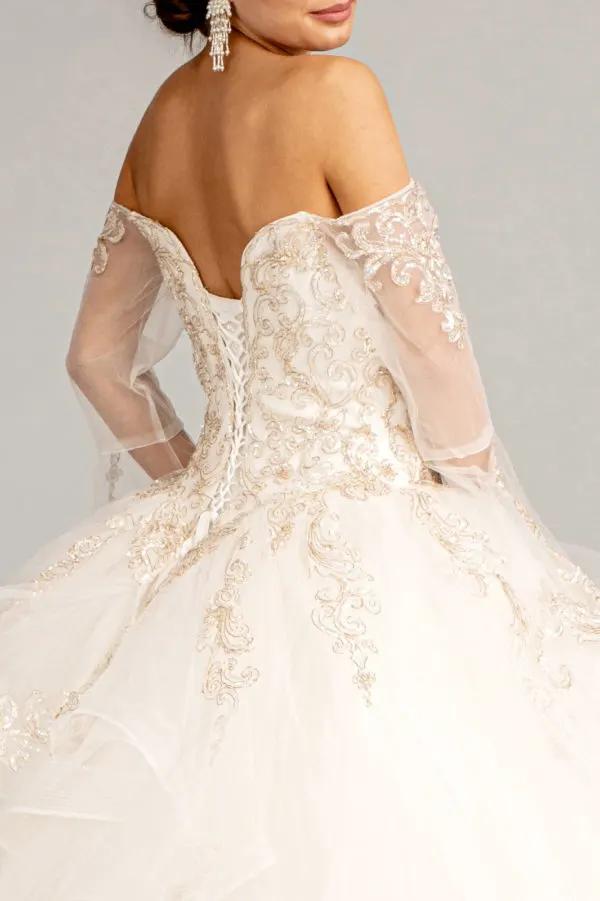 Sweetheart Cut-Away Shoulder Quinceanera Dress w/ Mesh Long Sleeves by Tux-USA