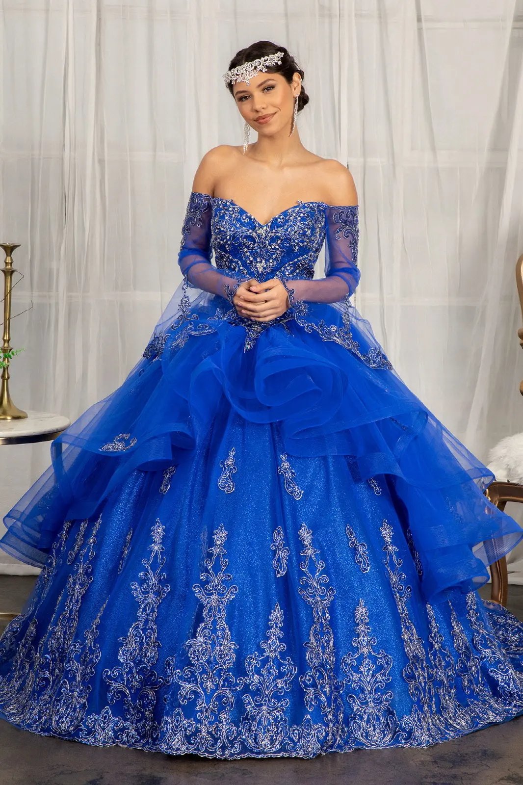Sweetheart Cut-Away Shoulder Quinceanera Dress w/ Mesh Long Sleeves by Tux-USA