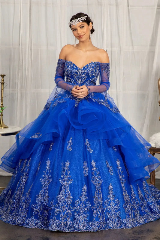 Sweetheart Cut-Away Shoulder Quinceanera Dress w/ Mesh Long Sleeves by Tux-USA