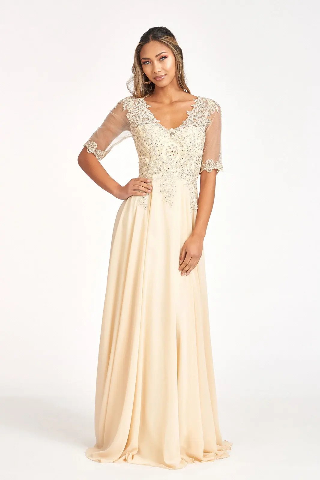 Rhinestone and Embroidery Embellished Chiffon Long Dress by Tux-USA