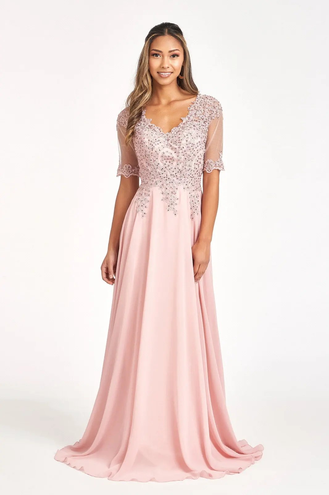 Rhinestone and Embroidery Embellished Chiffon Long Dress by Tux-USA