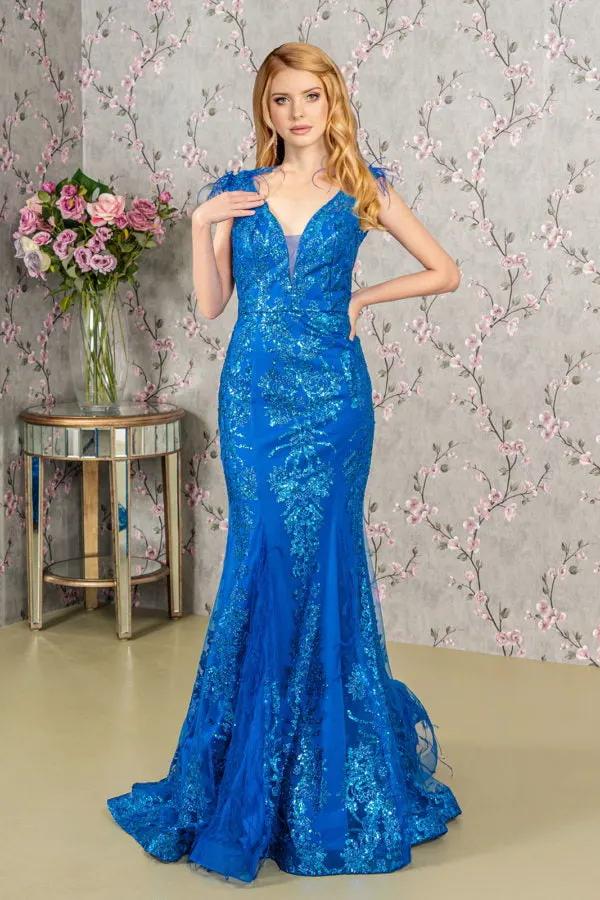 Feather Accented V-neckline Embellished Mesh Dress by Tux-USA