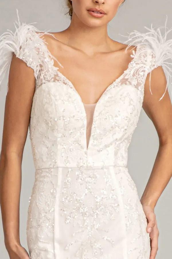 Feather Accented V-neckline Embellished Mesh Dress by Tux-USA