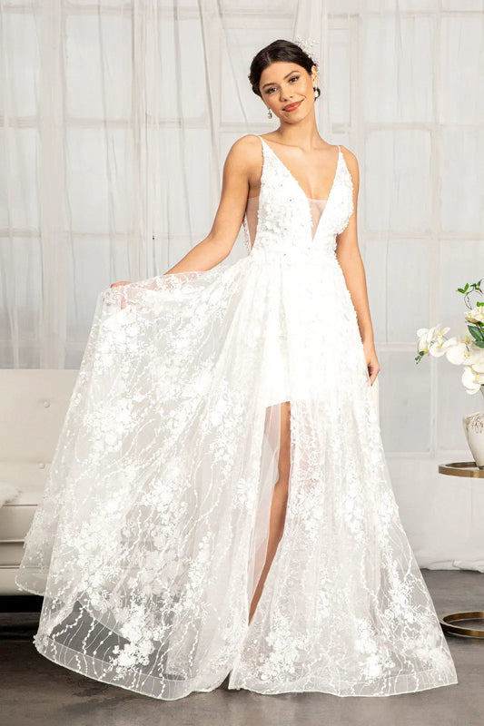 Floral 3D Applique Embellished Mesh V-Neck Wedding Dress by Tux-USA