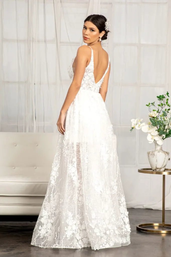 Floral 3D Applique Embellished Mesh V-Neck Wedding Dress by Tux-USA