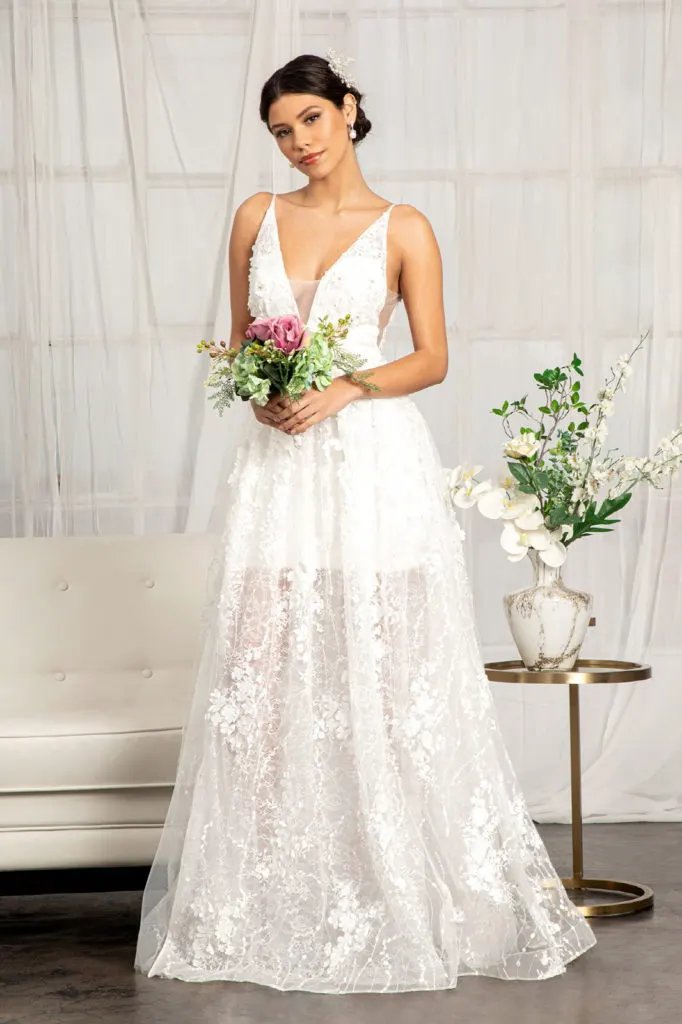 Floral 3D Applique Embellished Mesh V-Neck Wedding Dress by Tux-USA