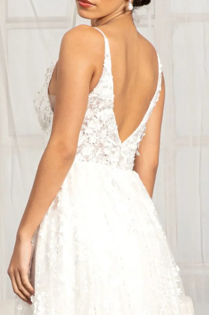 Floral 3D Applique Embellished Mesh V-Neck Wedding Dress by Tux-USA