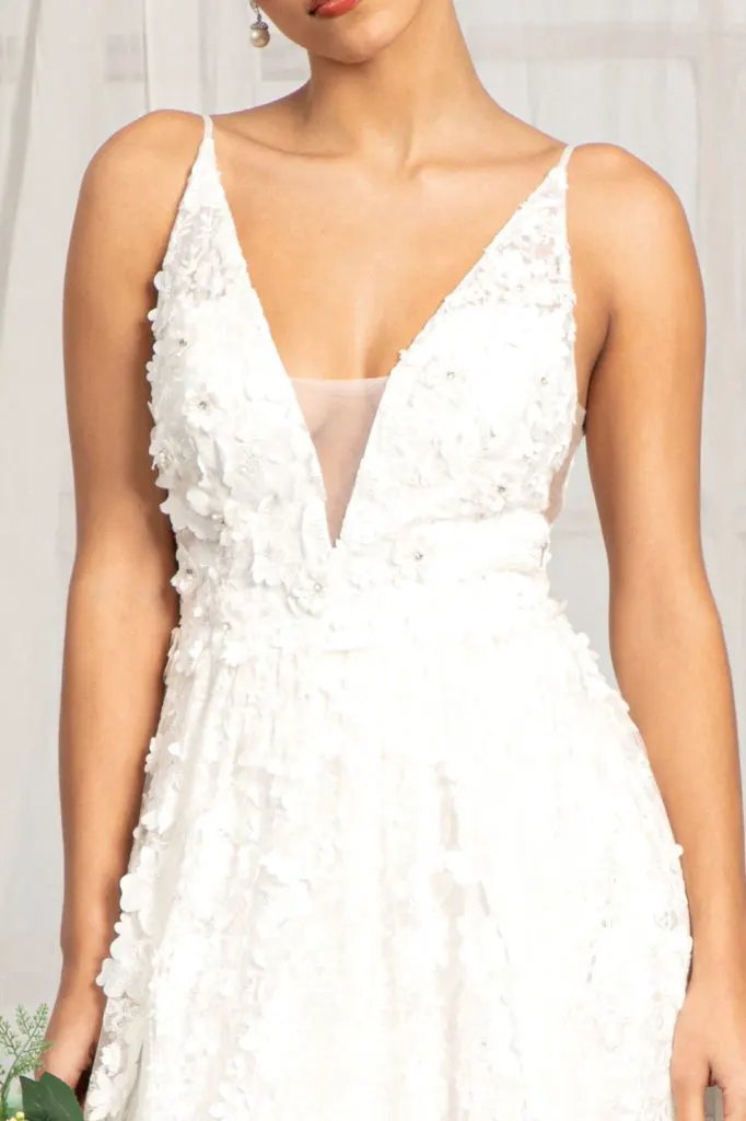 Floral 3D Applique Embellished Mesh V-Neck Wedding Dress by Tux-USA