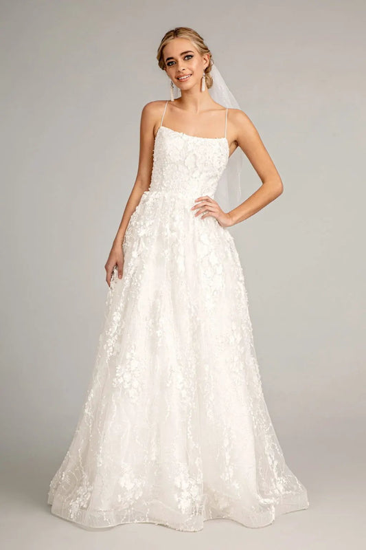 Floral Embroidered Lace-Up Mesh Wedding Gown w/ Sweetheart Neckline by Tux-USA