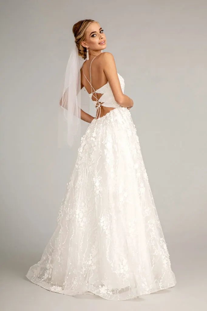Floral Embroidered Lace-Up Mesh Wedding Gown w/ Sweetheart Neckline by Tux-USA