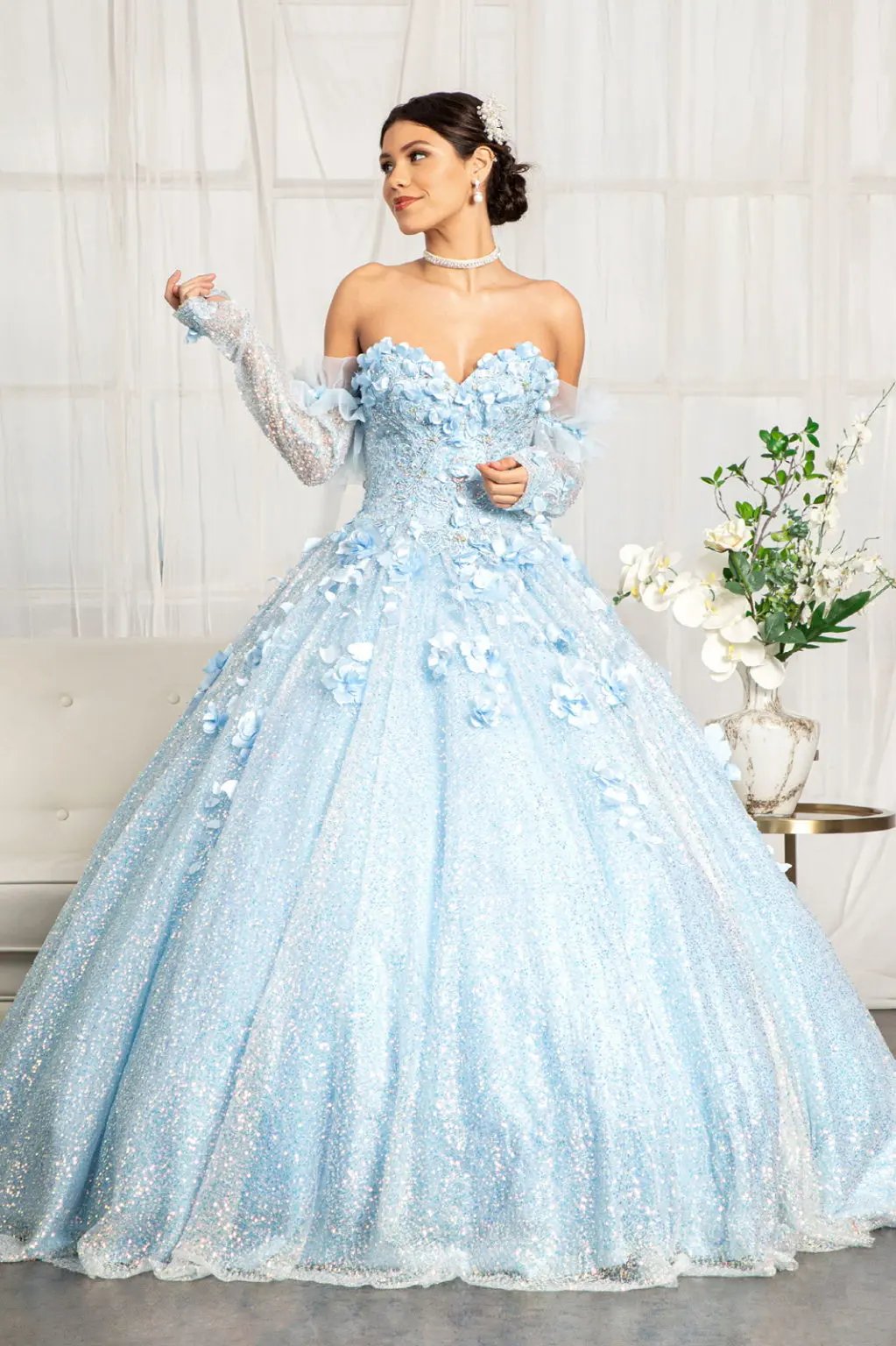 Sweetheart Neckline 3D Floral Applique Sequin Quinceanera Dress by Tux-USA