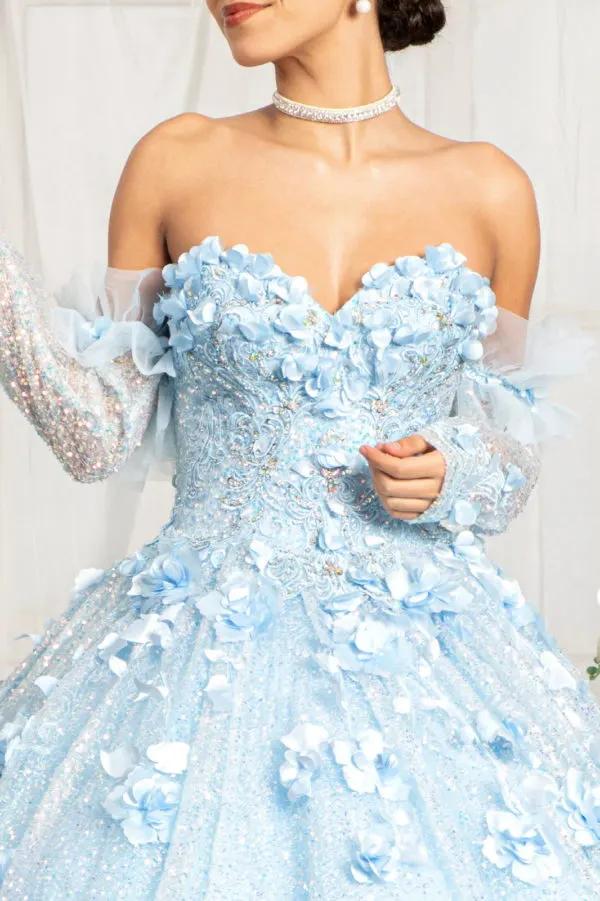 Sweetheart Neckline 3D Floral Applique Sequin Quinceanera Dress by Tux-USA