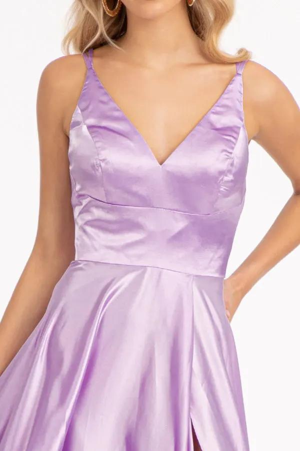 V-Neck Spaghetti Strap A-Line Satin Long Dress by Tux-USA