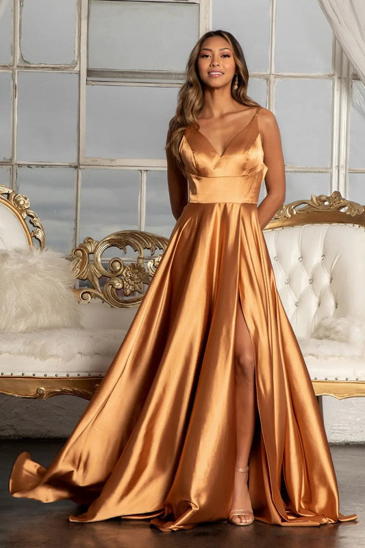 V-Neck Spaghetti Strap A-Line Satin Long Dress by Tux-USA
