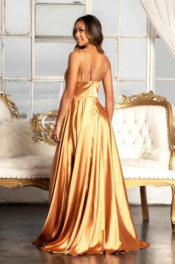 V-Neck Spaghetti Strap A-Line Satin Long Dress by Tux-USA