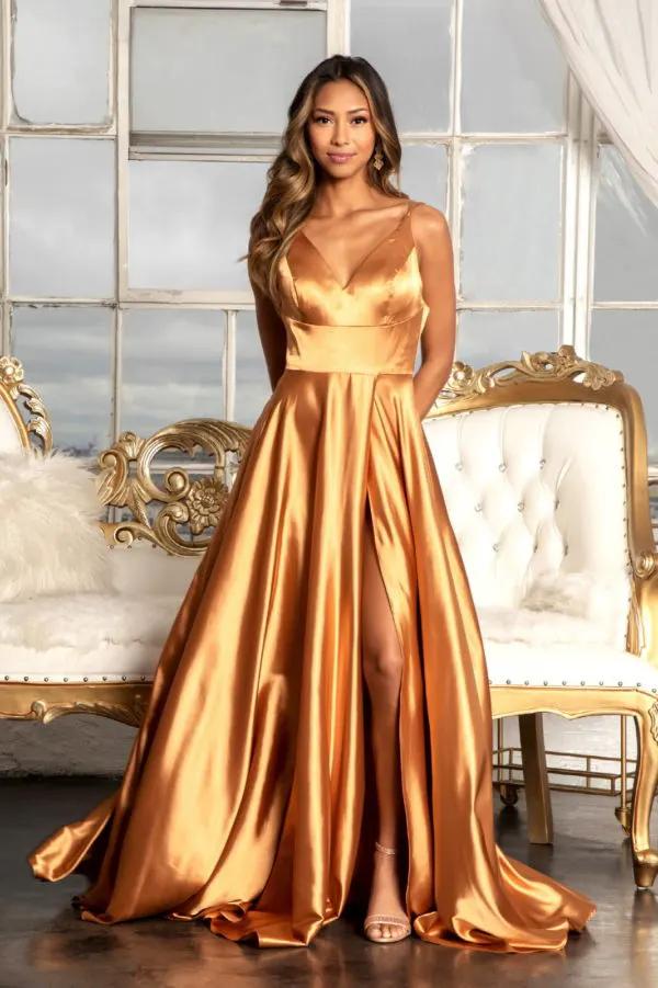 V-Neck Spaghetti Strap A-Line Satin Long Dress by Tux-USA