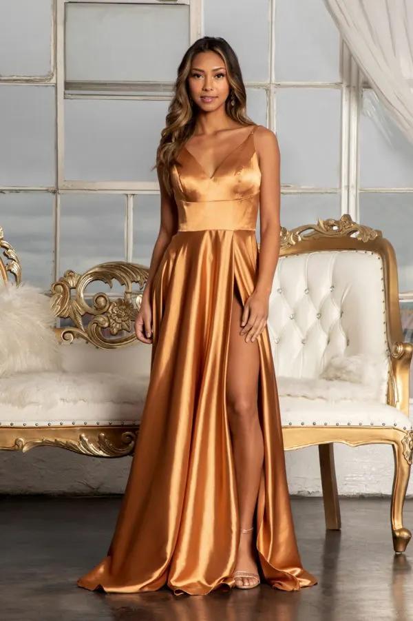V-Neck Spaghetti Strap A-Line Satin Long Dress by Tux-USA