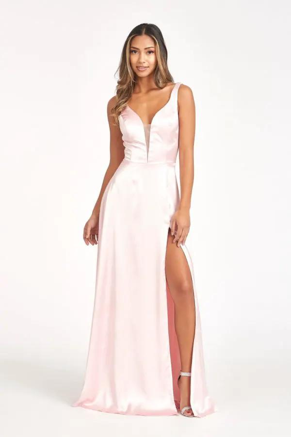 Dress V Neck Satin Sheer Side A Line Long Elegant Evening Wear by Tux-USA