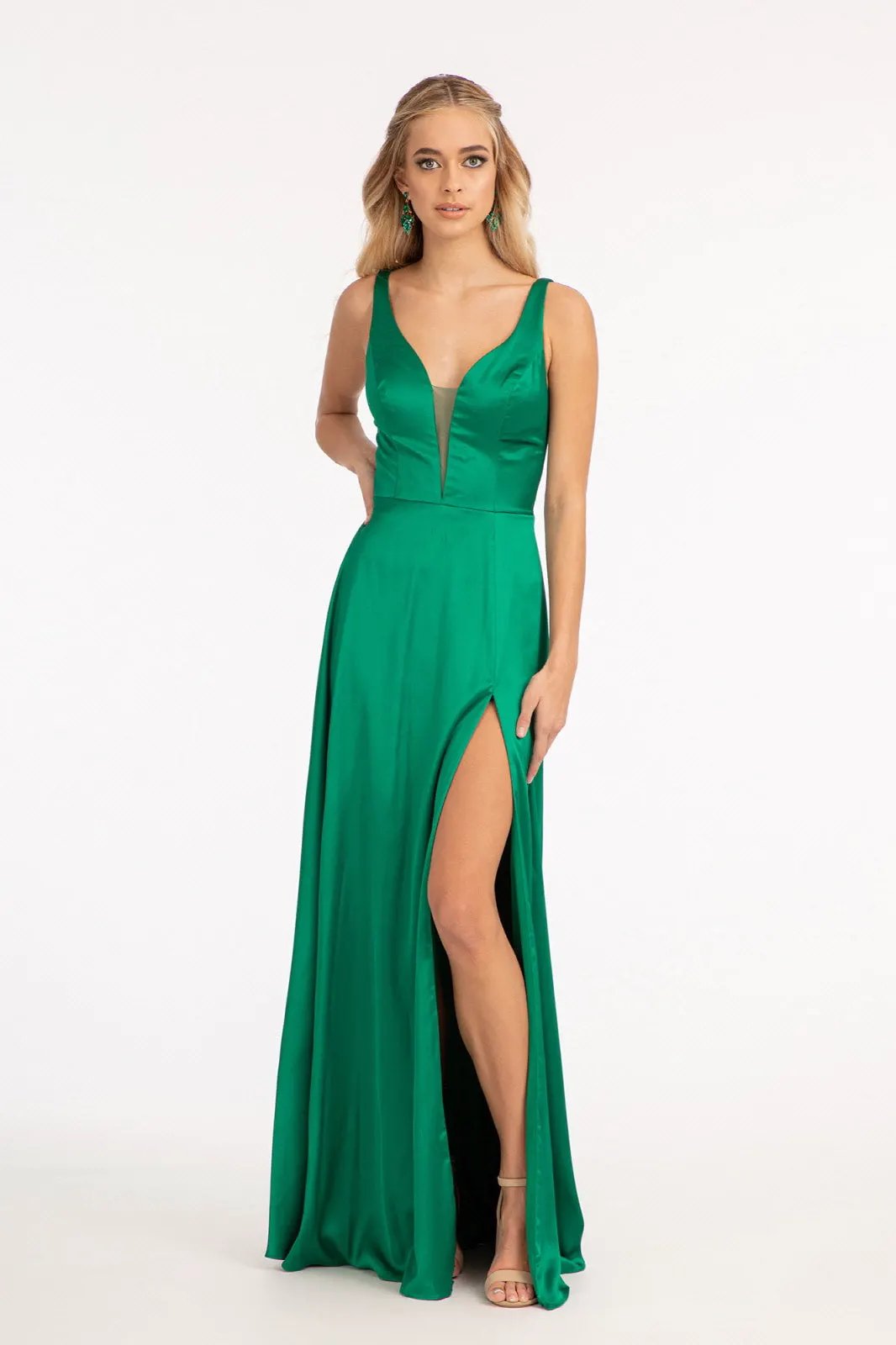 Dress V Neck Satin Sheer Side A Line Long Elegant Evening Wear by Tux-USA