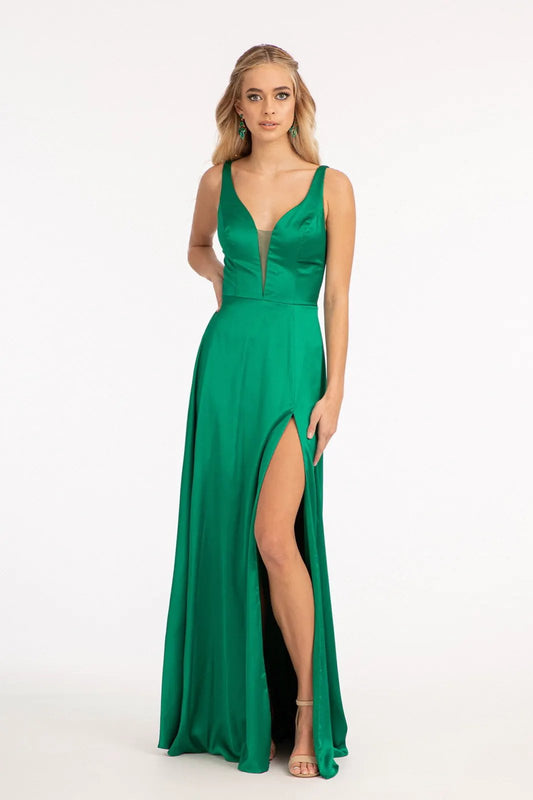 Dress V Neck Satin Sheer Side A Line Long Elegant Evening Wear by Tux-USA