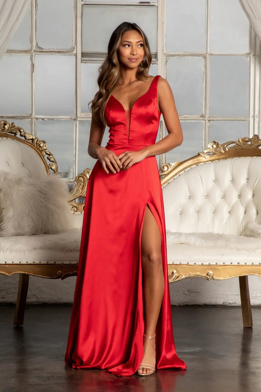 Dress V Neck Satin Sheer Side A Line Long Elegant Evening Wear by Tux-USA
