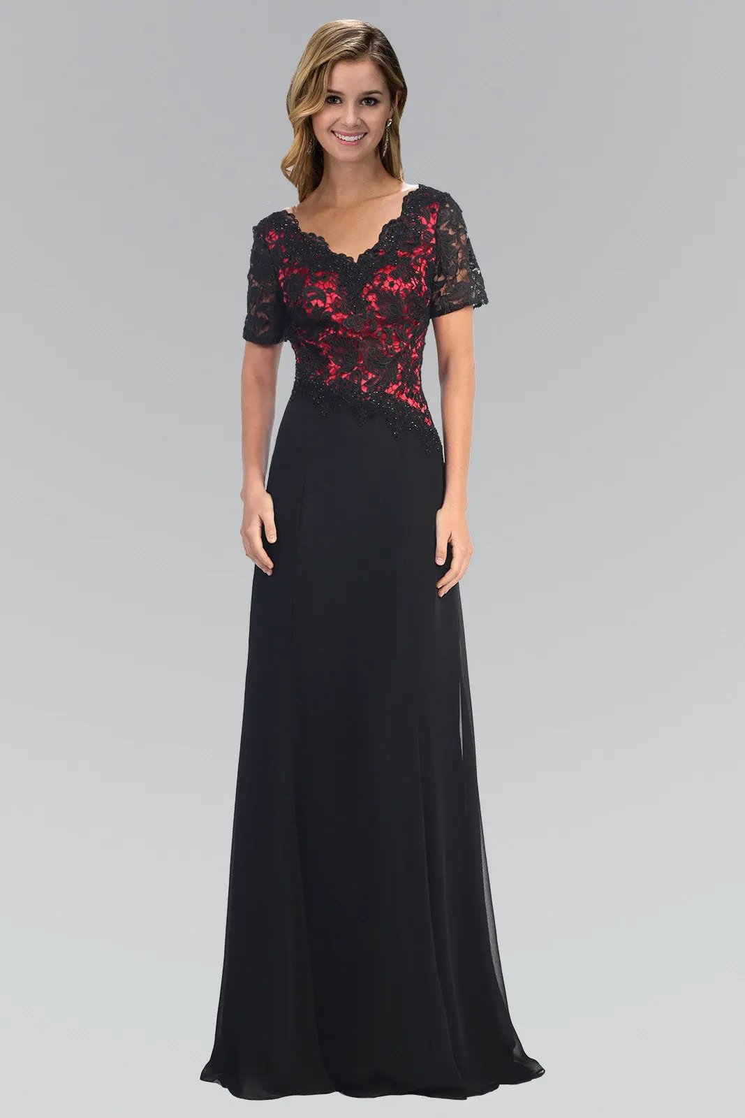 Short Sleeve V-Neck Long Dress with Lace Bodice by Tux-USA