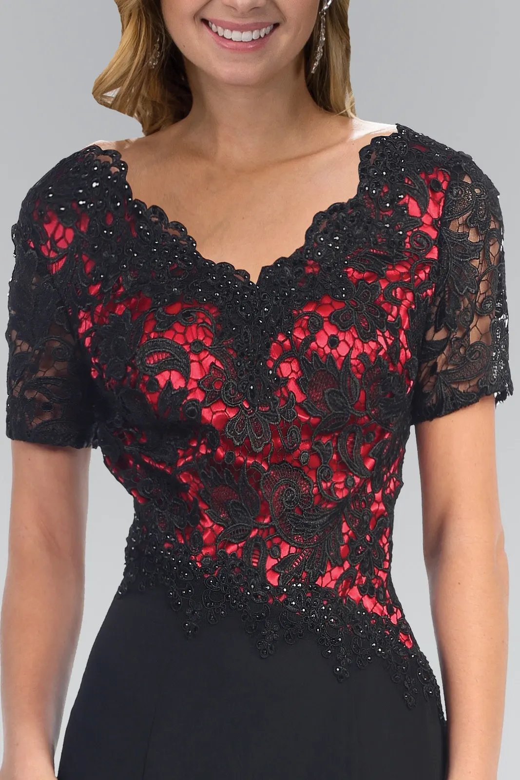 Short Sleeve V-Neck Long Dress with Lace Bodice by Tux-USA
