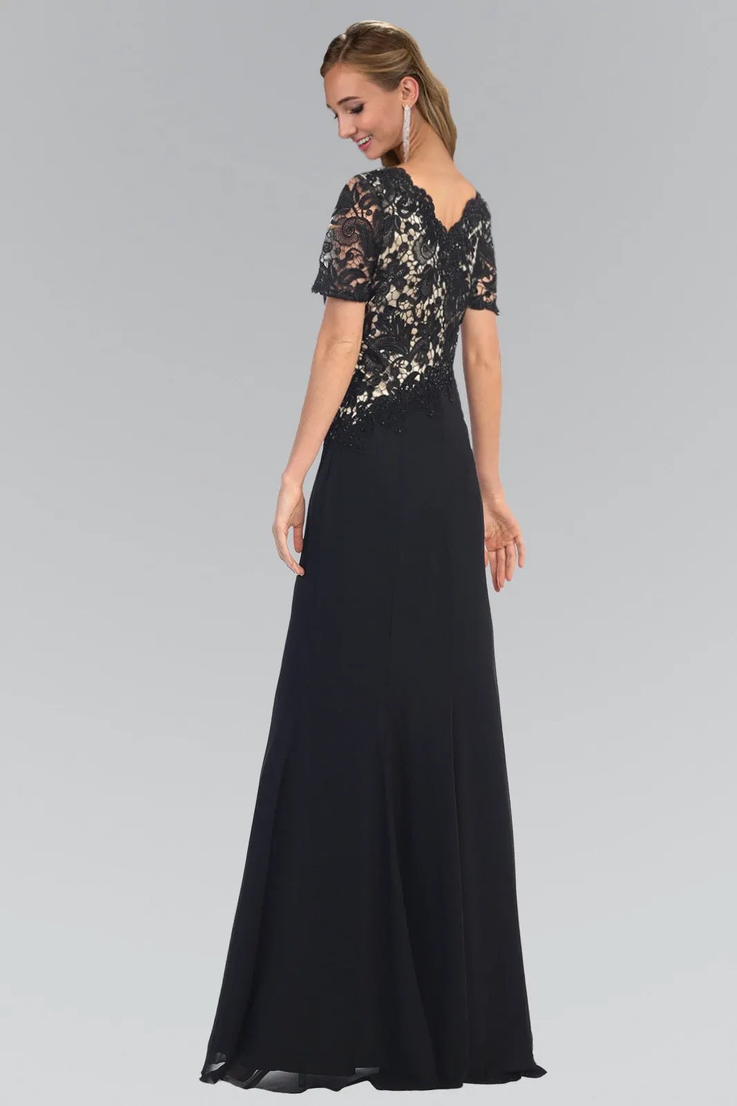 Short Sleeve V-Neck Long Dress with Lace Bodice by Tux-USA