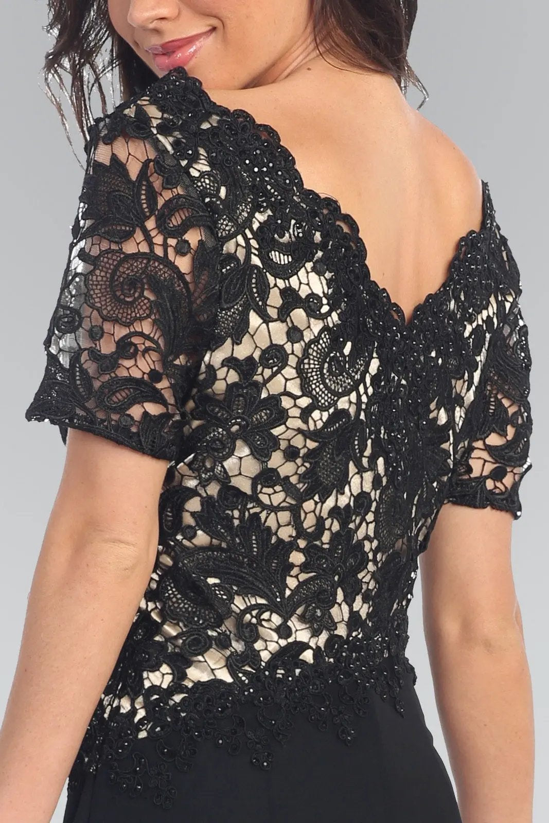 Short Sleeve V-Neck Long Dress with Lace Bodice by Tux-USA