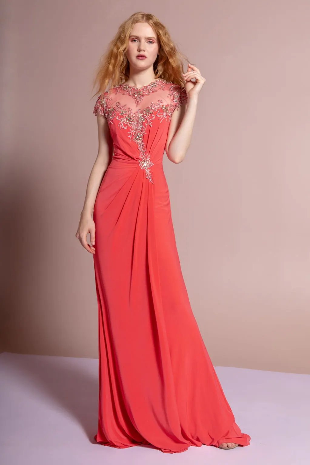 Short Sleeve Illusion Neckline Jersey Long Dress Detailed with Lace by Tux-USA