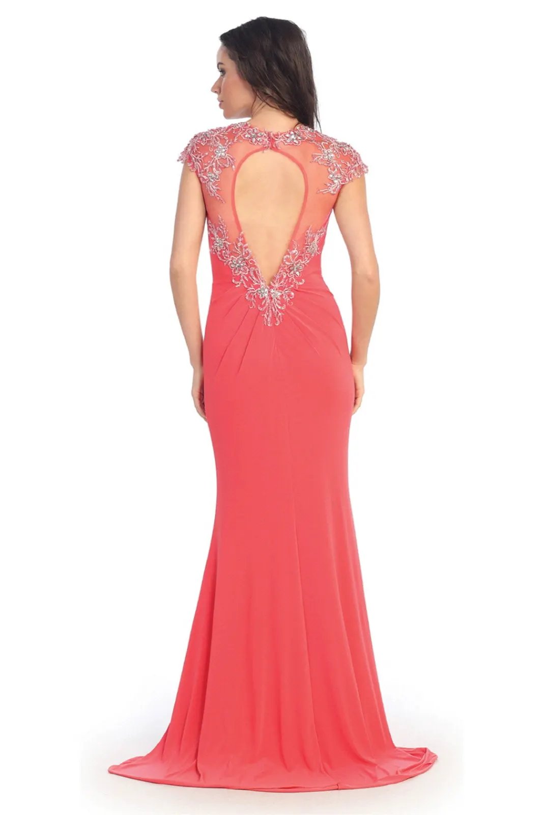 Short Sleeve Illusion Neckline Jersey Long Dress Detailed with Lace by Tux-USA