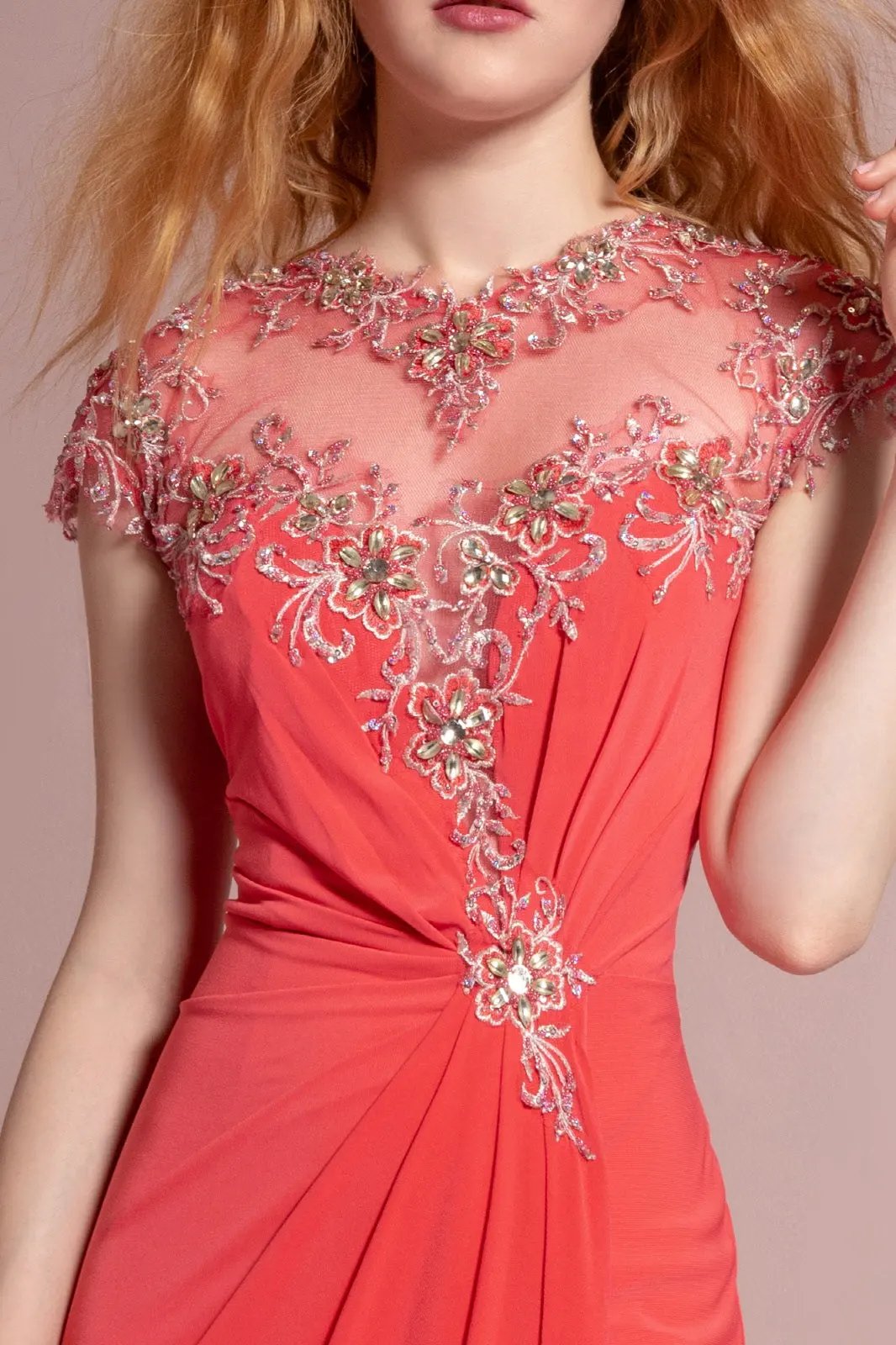 Short Sleeve Illusion Neckline Jersey Long Dress Detailed with Lace by Tux-USA