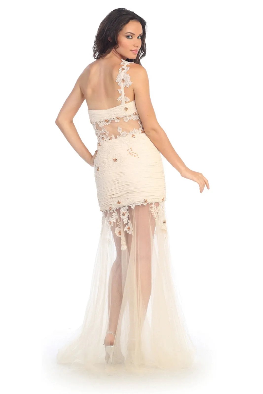 Lace Embellished Tulle Long Dress with Sheer Waist and Skirt by Tux-USA